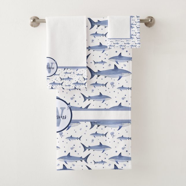 Blaue Aquarellfarben Monogramm Haifischfisch Badhandtuch Set (Insitu)