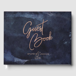 Blaue Aquarellfarben und Rose-Goldhochzeit Gästebuch