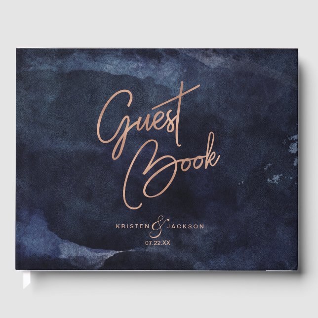 Blaue Aquarellfarben und Rose-Goldhochzeit Gästebuch (Vorderseite)