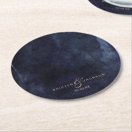 Blaue Aquarellfarben und Rose-Goldhochzeit Runder Pappuntersetzer