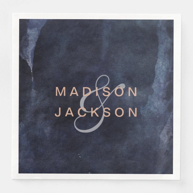 Blaue Aquarellfarben und Rose-Goldhochzeit Serviette (Vorderseite)