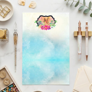 Blaue Aquarellfarbene Helle Florale Wappen-Monogra Briefpapier