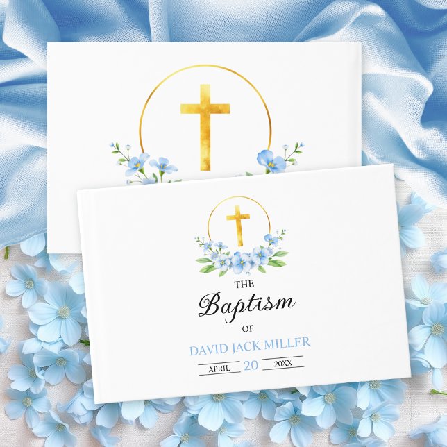 Blaue Aquarellfloralen, Goldkreuz Taufe Gästebuch (Von Creator hochgeladen)