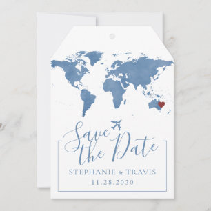 Blaue Aquarellkarte Save the Date Gepäckmarke