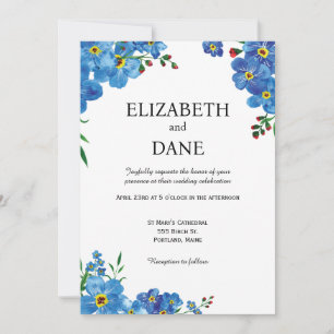 Blaue Aquarellkirche Wildblume Blühende Hochzeit Einladung