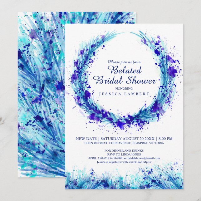 Blaue Aquarellkunst platsches verspätetes Brautpar Einladung (Vorne/Hinten)