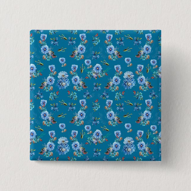 Blaue Aquarellmais-Blume mit Muster Button (Vorderseite)