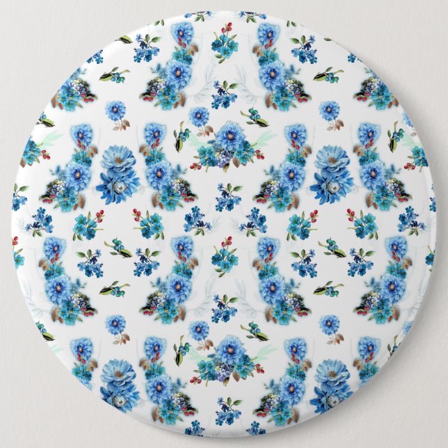 Blaue Aquarellmais-Blume mit Muster Button (Vorderseite)