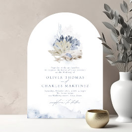 Blaue Aquarellmauer & Muscheln Hochzeit am Strand Einladung