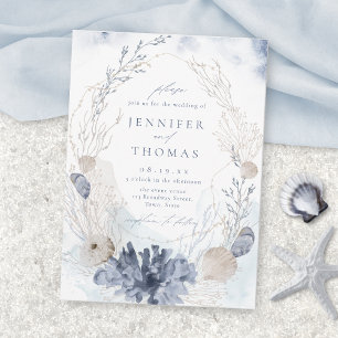 Blaue Aquarellmauer & Muscheln Hochzeit am Strand Einladung