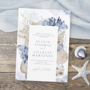 Blaue Aquarellmauer & Muscheln Hochzeit am Strand Einladung