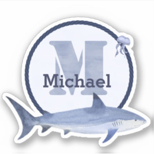 Blaue Aquarellmonogramm, Name, Hai und Quallen Aufkleber