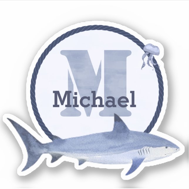 Blaue Aquarellmonogramm, Name, Hai und Quallen Aufkleber (Vorderseite)