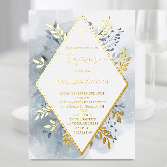 Blaue Aquarellpflanze Taufen Foil Einladung (Von Creator hochgeladen)