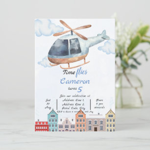 Blaue Aquarellstadt-Hubschrauber Geburtstag Einladung