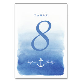 Blaue Aquarellstrand Hochzeit nautische Tischkarte Tischnummer