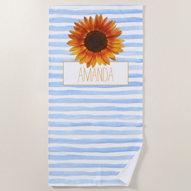 Blaue Aquarellstreifen Personalisiert Sonnenblumen Strandtuch (Vorderseite)