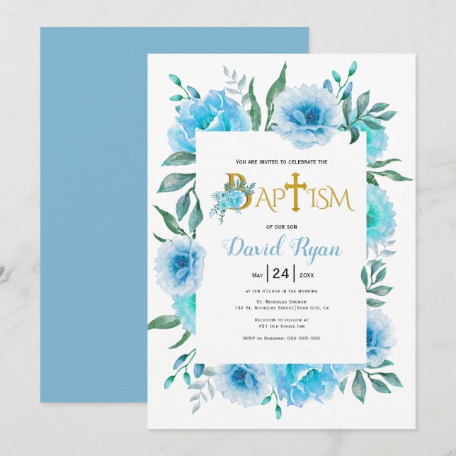 Blaue Aquarelltaufe Blume Einladung (Vorne/Hinten)