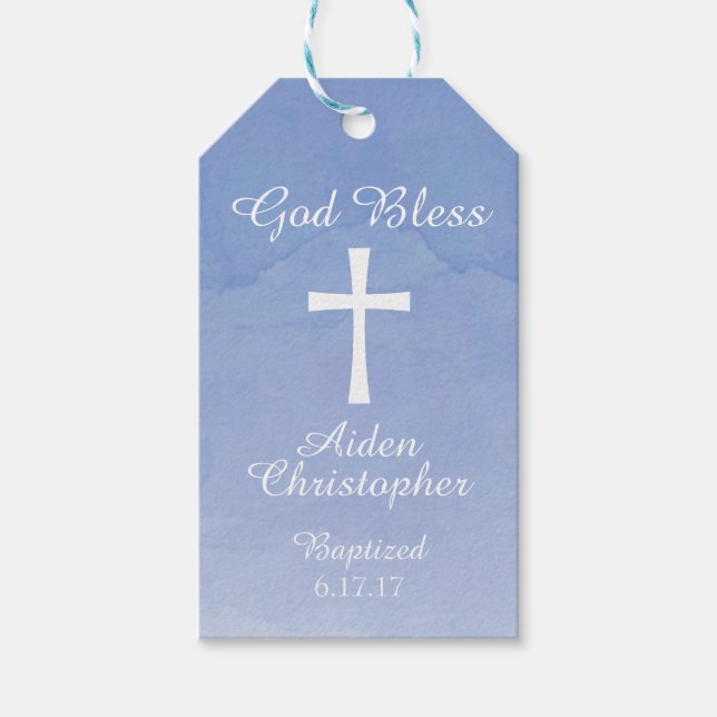 Blaue Aquarelltaufe oder Kommunion-Geschenkmarke Geschenkanhänger (Vorderseite)