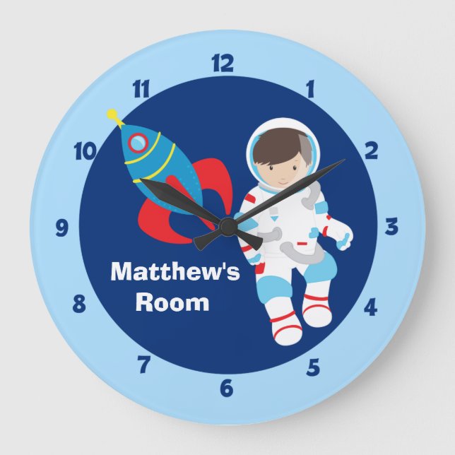 Blaue Astronauten-Raumschiff-Kinder Große Wanduhr (Vorderseite)