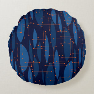 Blaue atomare nahtlose Muster im Mid-Century-Stil Rundes Kissen