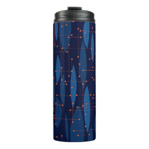 Blaue atomare nahtlose Muster im Mid-Century-Stil Thermosbecher