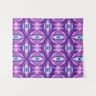 Blaue Augen in lila Laub Dunkle Botanische Kunst Wandteppich