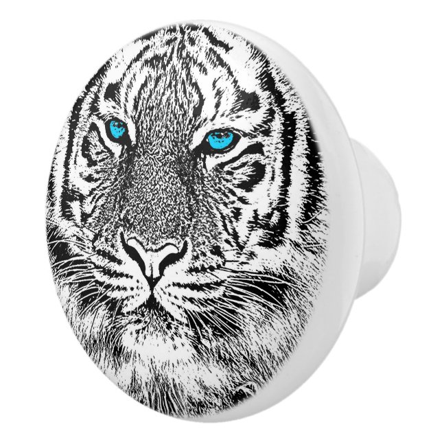 Blaue Augen-Tiger-Schwarzweiss-Grafik Keramikknauf (Rechts)