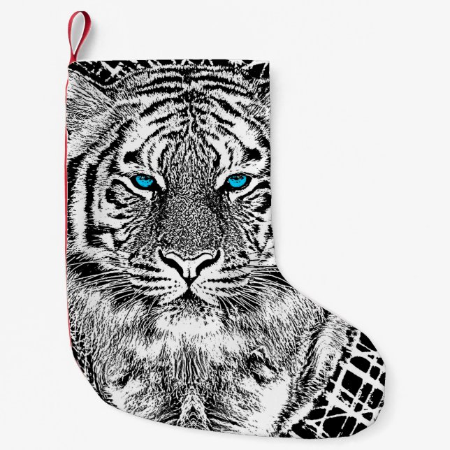 Blaue Augen-Tiger-Schwarzweiss-Grafik Kleiner Weihnachtsstrumpf (Vorderseite)