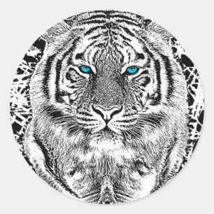 Blaue Augen-Tiger-Schwarzweiss-Grafik Runder Aufkleber