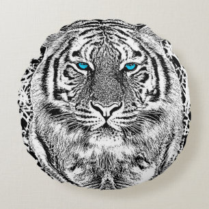 Blaue Augen-Tigerschwarzweiss-streifen Rundes Kissen