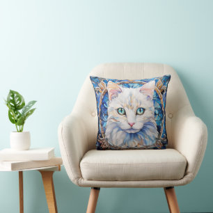 Blaue-Augen-Weiße-Katze-Buntglas-Stil Kissen