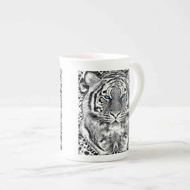 Blaue Augen-wildes Tigerschwarzweiss-gesicht Prozellantasse (Vorderseite Rechts)