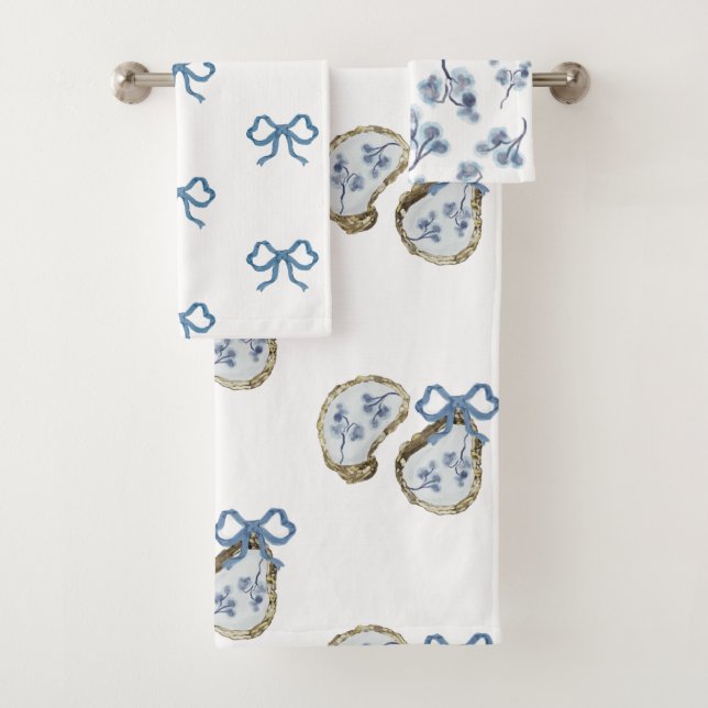 Blaue Austern und Blumen Badhandtuch Set (Insitu)