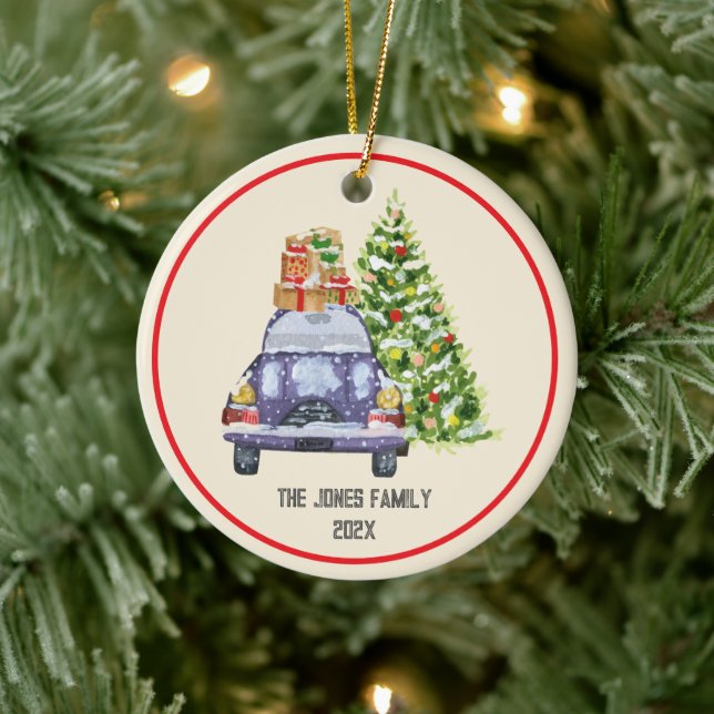 Blaue Auto-Weihnachtsbaum-Personalisierte Familie Keramik Ornament (Baum)