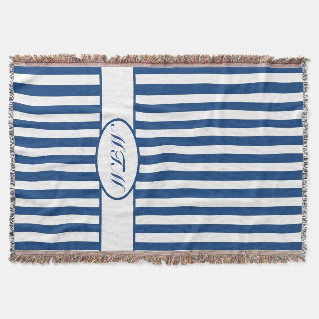 Blaue Autumnal Streifen mit Monogramm Decke (Vorderseite)