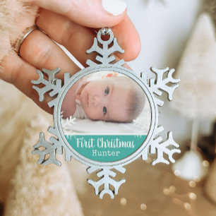 Blaue Baby Erstes Weihnachten Schneeflocken-Foto Schneeflocken Zinn-Ornament