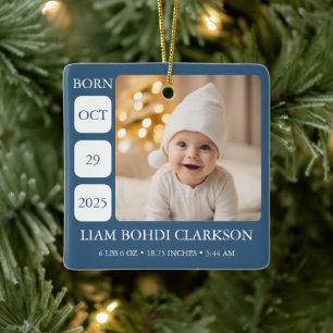 Blaue Baby-Jungen-Geburtsstatistik-Foto-Ornament-A Keramikornament