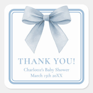 Blaue Baby-Shower-Dankeschön-Etikette mit Schleife Quadratischer Aufkleber