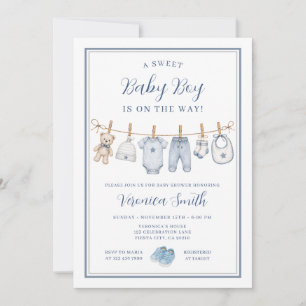 Blaue Baby-Wäscheleine-Jungen-Baby-Party Einladung
