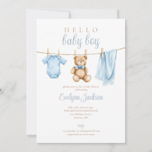 Blaue Babykleidung Wäscheleine Baby Shower Foto QR Einladung