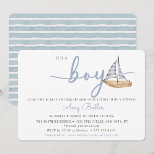 Blaue Babyparty-Einladung mit Segelboot und Streif Einladung
