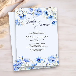 Blaue Babyparty Elegante Sommerblumen Einladung