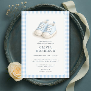 Blaue Babyschuhe Junge Gingham-Baby-Party Einladung