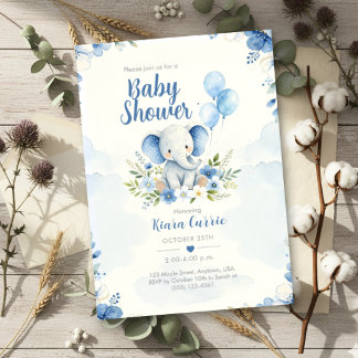 Blaue Ballon-Blumen-Elefanten-Baby-Party Einladung