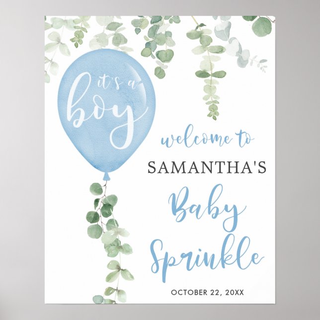 Blaue Ballon Eukalyptus Baby Sprinkwillkommenzeich Poster (Vorne)