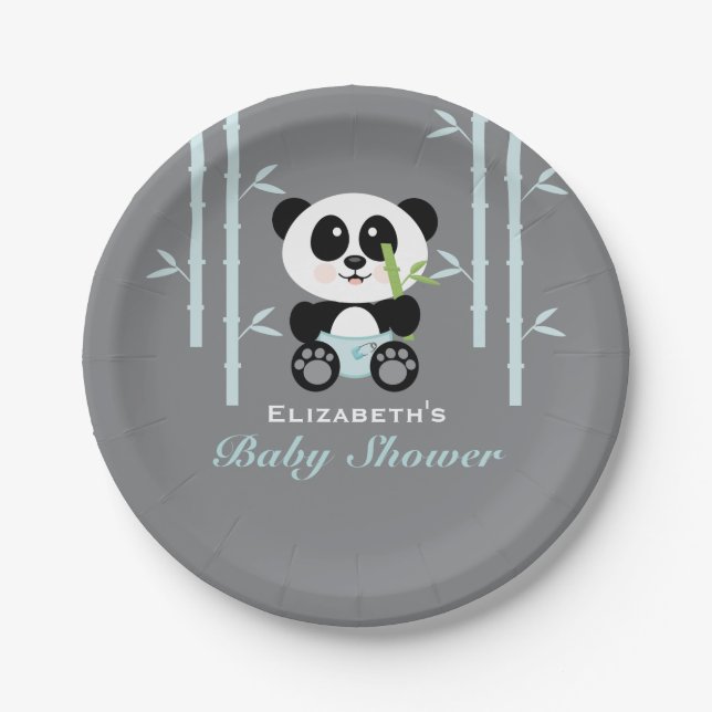 Blaue Bambuspanda-Babyparty Pappteller (Vorderseite)