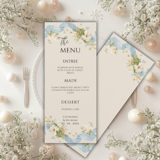 Blaue Bänder Florale Vintage Elegante Hochzeit Menükarte