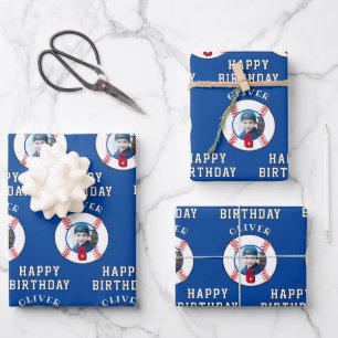 Blaue Baseballball Kinder Geburtstagsfoto Geschenkpapier Set