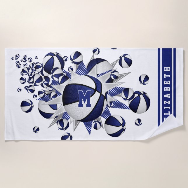 Blaue Basketball-Stars mit Monogramm Strandtuch (Vorderseite)